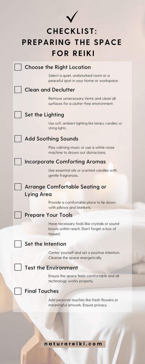 Create a sacred and tranquil space for a successful Reiki session with this easy-to-follow checklist. Whether in-person or virtual, set the perfect environment for relaxation and healing. #Reiki #Healing #Wellness #MindBodySpirit #HomeSanctuary Reiki Price List, Reiki Table Set Up, Reiki Infused Products, Reiki Table, Reiki Business Ideas, Reiki Studio, Healing Room Ideas, Reiki Room Ideas, Reiki Business