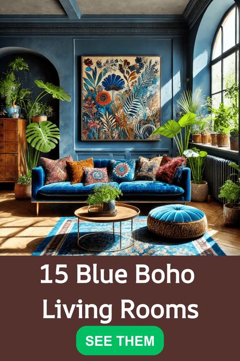 Blue Boho Living Rooms Turquoise Couch Decor, Teal Color Palette Living Room, Blue Boho Living Room, Boho Living Rooms, Navy Blue Couches, Turquoise Couch, Blue Couch Living Room, Teal Color Palette, Bold Eclectic