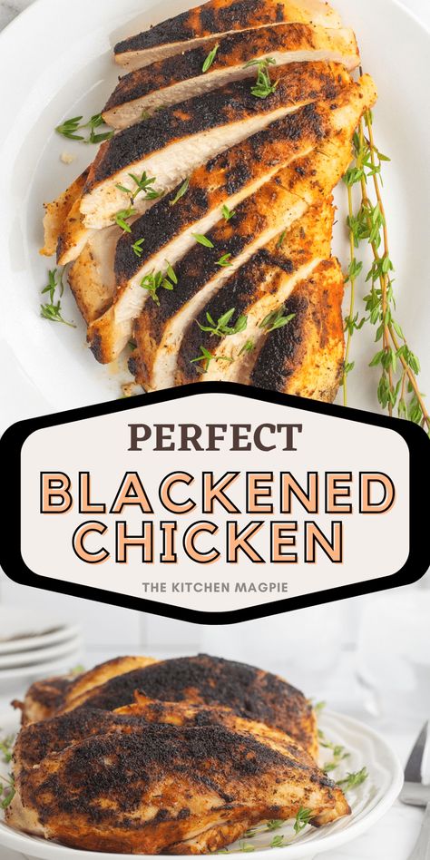 Blackened chicken is one of those recipes that looks and smells way fancier than it is. As long as you have some good seasonings and a good cast iron pan, you can make some super delicious blackened chicken at home easily. Jerk Chicken Recipe, Chicken Ideas, Blackened Chicken, Turkey Dishes, Clean Eating Dinner, Supper Recipes, Baked Chicken Breast, Yummy Chicken Recipes, Cook Chicken Breast