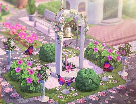 Acnh Nuptial Bell Ideas, Acnh Wedding Area, Acnh Plaza, Anch Designs, Acnh Themes, Kawaii Acnh, Cottagecore Animal Crossing, Flower Furniture, Pink Cottagecore