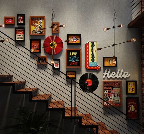 Grunge Decor, Vinyl Cafe, Music Room Design, Staircase Wall Decor, Home Music Rooms, Casa Retro, Plain Wall, Retro Bedrooms, Retro Interior Design