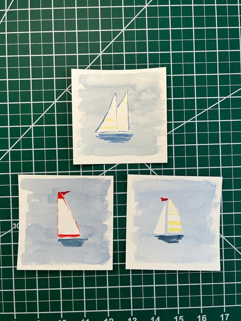 "Mini 4x4\" watercolor sailboat painting on acid-free, 140 lb. / 300 gsm cold press finish (textured) paper - 4x4\" White and yellow double sails on blue background, shown alongside sailboats and rainbow trout from a series of watercolor minis (including mini floral botanicals); available in separate listings Sold unframed; shown paired with 8x8\" hand painted mats in a tabletop frame for reference; 8x8\" mats (with 5.5\"x5.5\" opening) are available in separate listing: https://cmwdesignco.etsy.com/listing/1526031838/hand-painted-mats-for-8x8-frame-55-x-55?utm_source=Copy&utm_medium=ListingManager&utm_campaign=Share&utm_term=so.lmsm&share_time=1693500656765" Watercolor Sailboat Simple, Blue Water Background, Watercolor Sailboat, Mini 4x4, Mini Watercolor, 8x8 Frame, Water Background, Sailboat Painting, Rainbow Trout