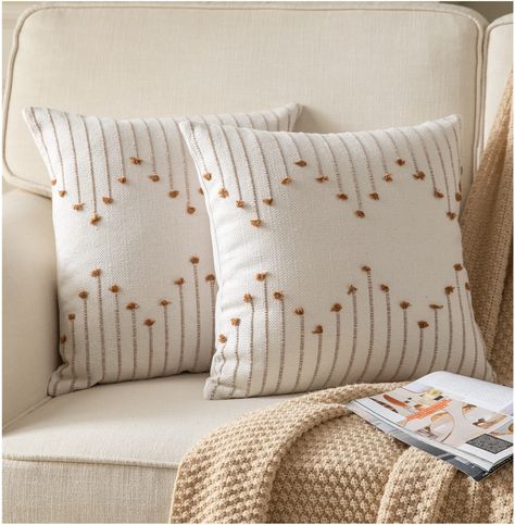 PRICES MAY VARY. Cotton 【Exquisite Chic Design】：The simple and neutral designs of these pillow covers will complement any decor style, from modern to boho. The color is natural and comfortable, Lingering lines and mini tassels that will give any dull space an instant facelift. 【High-quality construction】: Crafted with premium materials, Different thicknesses of yarn, warp and weft interlaced, rustic and elegant. These pillow covers are designed to last through countless movie nights and lazy aft Modern Farmhouse Couch, Beige Couch Pillows, Decorative Pillows For Bed, Farmhouse Couch, Pillows For Bed, Farmhouse Decorative Pillows, Neutral Decorative Pillows, Neutral Pillow Covers, Neutral Pillow