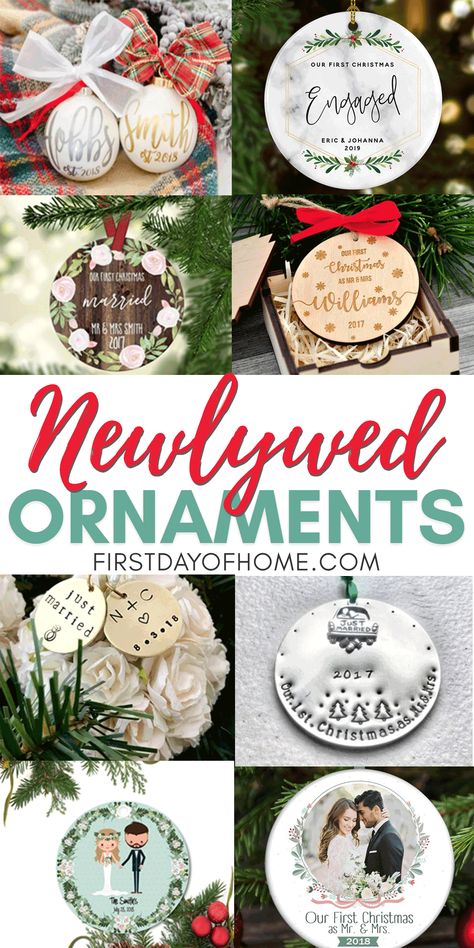 Just Married Christmas Ornament Diy, Anniversary Ornaments Diy, Diy Engagement Ornaments Christmas, Diy First Christmas Ornament Couple, First Year Married Ornament, First Christmas Ornament Couples, Couples Ornaments Diy, Diy Wedding Ornaments, Gift Ideas For Newlyweds