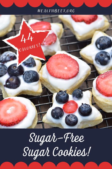 Sugar Free Sugar Cookies! Only 44 calories Low Sugar Sugar Cookies, Sugar Free Sugar Cookie Recipe, Low Calorie Sugar Cookies, Sugar Free Sugar Cookies, Health Beet, Low Calorie Cookies, Sugar Free Frosting, Healthy Biscuits, Chewy Sugar Cookie Recipe