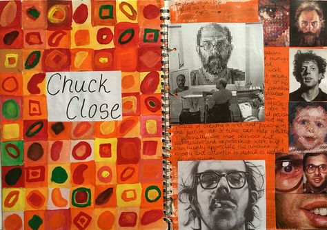 Artist study- chuck close Chuck Close Gcse Sketchbook, Chuck Close Artist Research, Chuck Close Art, A Level Sketchbook, Ib Visual Arts, Artist Research Page, Gcse Sketchbook, Textiles Gcse, Art Classroom Ideas