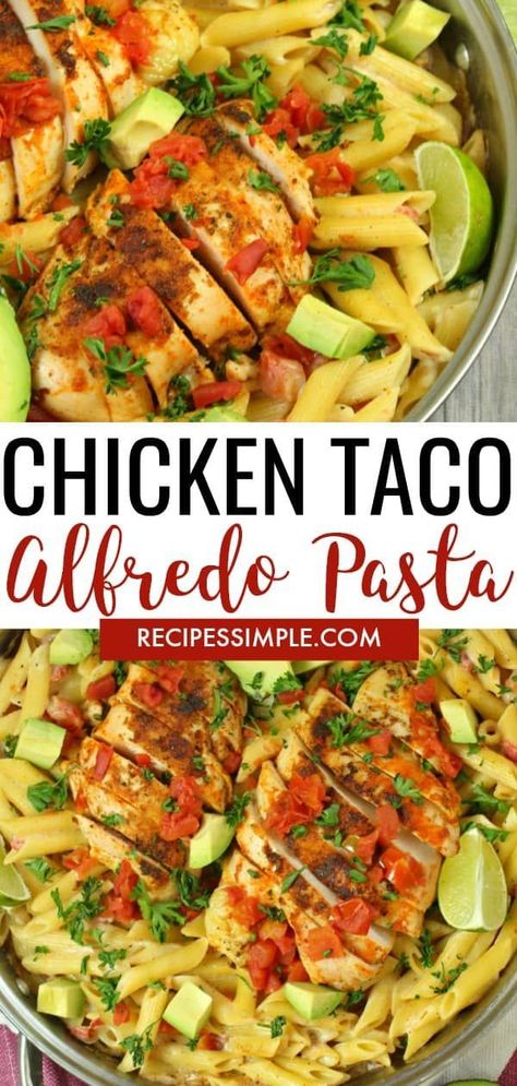 This Chicken Taco Alfredo Pasta recipe infuses the taco flavors everyone loves with Alfredo sauce for a creamy pasta dinner everyone will love! #pastarecipes #chickenpasta #easyrecipes #alfredopasta #chickenrecipes #chickentacopasta #recipessimple via @ju Pasta Recipes Oven, Taco Alfredo, Creamy Pasta Dinner, Inexpensive Dinner Recipes, Pasta Recipes Alfredo, Chicken Alfredo Recipes, Chicken Taco, Chicken Breast Seasoning, Cheap Healthy Meals