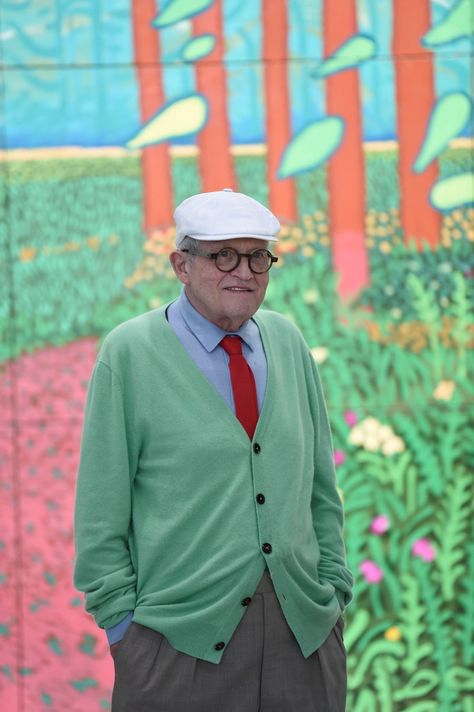 Colourful Wardrobe, David Hockney Paintings, Grandpa Fashion, Grandpa Outfit, White Slacks, Colorful Wardrobe, Grandpa Core, Tony Evans, Grandpa Style