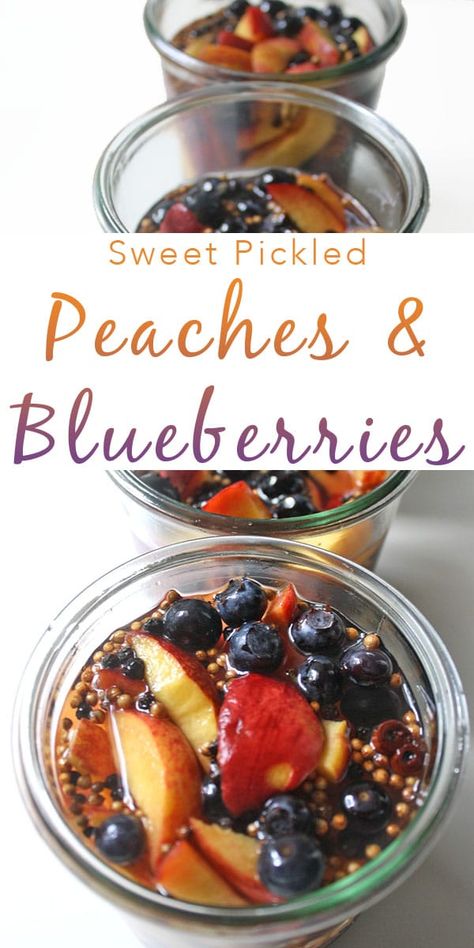 Pickled Peaches and Blueberries are a sweet-and-sour way to make the most of summer's bounty. Use them on salads, ice cream, or in cocktails this summer! Pickled Peaches, Pickled Fruit, Peach Blueberry, Farmers Market Recipes, Fermentation Recipes, Pickled Vegetables, Pickle Relish, Pickling Recipes, Top Recipes