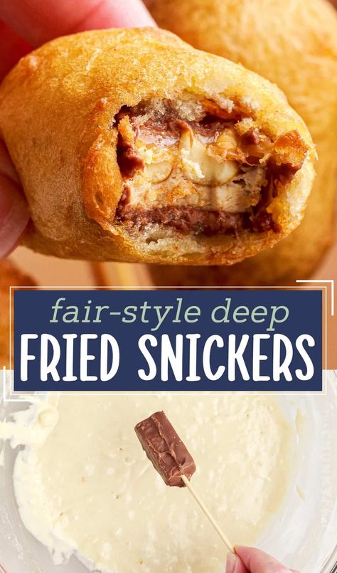 Deep Fried Snickers, Fried Snickers, Snickers Recipe, Candy Bar Recipe, The Chunky Chef, Snickers Candy Bar, Chunky Chef, Fried Dessert, State Fair Food