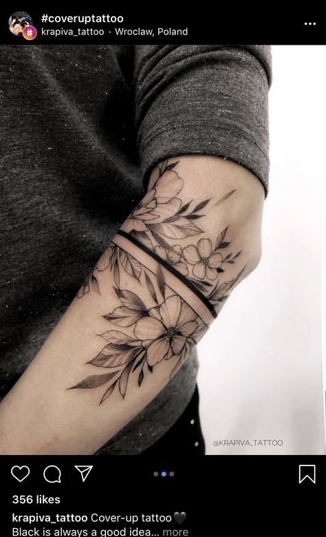 Floral Tattoo With Black Band, Floral Lower Half Sleeve Tattoo, Negative Space Arm Band Tattoo, Wildflower Arm Band Tattoo, Floral Elbow Wrap Tattoo, Flower Band Tattoo Design For Women, Cool Womens Tattoos, Band Floral Tattoo, Mid Sleeve Tattoo