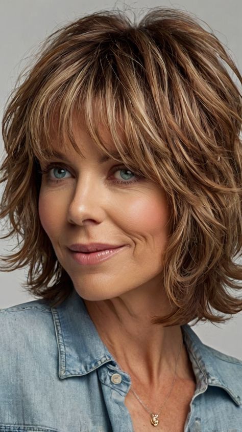 Medium-Length Shag Haircuts Short Shag Hairstyles Over 50 Older Women Round Faces, Soft Shag Haircut Mid Length, Shoulder Length Curly Haircuts, Soft Shag Haircut, Choppy Layered Haircuts, Medium Shag Hairstyles, Shaggy Layers, Medium Shag, Modern Shag Haircut