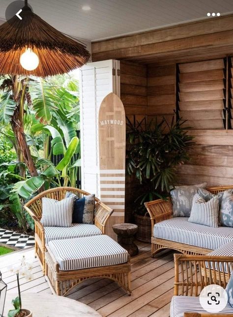 Coastal Backyard, Beach House Garden, Tropical Style Interior, Island Beach House, Modern Coastal Decor, Wooden Surfboard, Burleigh Heads, Hawaiian Decor, Coastal Boho