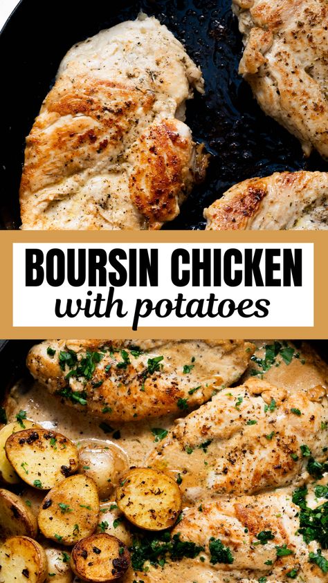 Chicken and potatoes in a creamy, Boursin Cheese sauce.  This dish easy to make, one pot, and perfect for fall! Boursin Chicken Slow Cooker, Boursin Recipes Dishes, Recipes That Use Boursin Cheese, Chicken Recipes With Boursin Cheese, Boursin Cheese Chicken Crockpot, Boursin Chicken Pasta Bake, Crock Pot Boursin Chicken, Boursin Cheese And Chicken Recipes, Recipes With Boisin Cheese