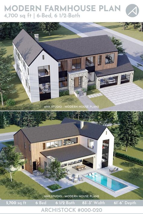 Modern farmhouse with 6 bedrooms & 6.5 baths. So much natural light & stunning views! #modernfarmhouse #farmhouse #home . #Garage_Sims_4 #Multigenerational_House_Plans #Multigenerational_House #Modern_Family_House Contemporary Farmhouse Exterior, Studio House Plans, Multigenerational House Plans, Beach House Flooring, Multigenerational House, Modern Family House, Studio House, 3d Floor Plans, Modern House Floor Plans