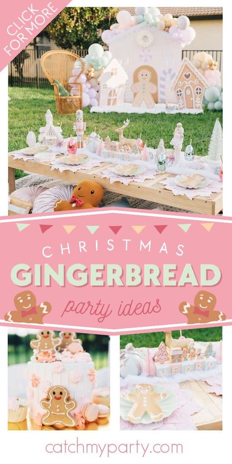 Take a look at this magical Gingerbread Christmas party! The table settings are amazing! See more party ideas and share yours at CatchMyParty.com Gingerbread Cookie Birthday Party, Christmas Candy Birthday Party, Xmas Birthday Party Ideas, Gingerbread Christmas Party Theme, Kids Gingerbread House Party, Christmas 1st Birthday Girl, Gingerbread Theme Party, Gingerbread Party Ideas, Toddler Christmas Party