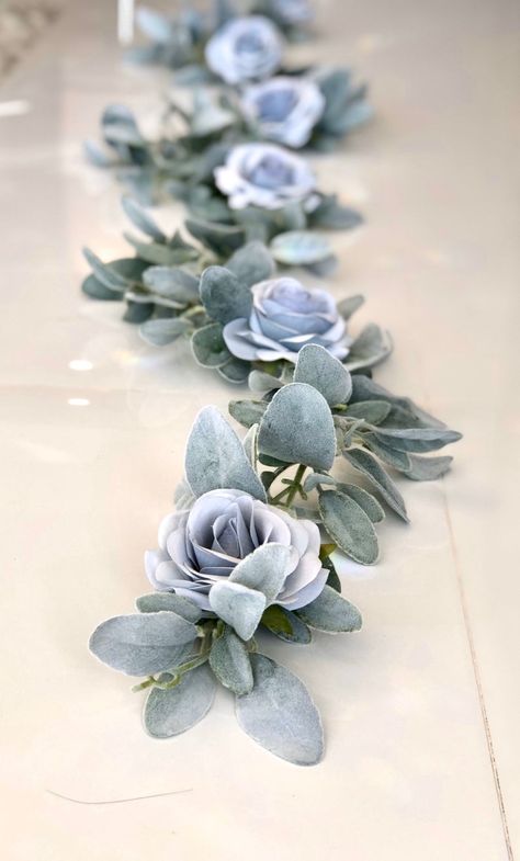 Dusty Blue Sage Green White Flowers, Lambs Ear Garland, Garland Table Runner, Blush Wedding Centerpieces, Wedding Flowers Greenery, Blue Wedding Decorations, 2023 Ideas, Wedding Renewal, Greenery Decor