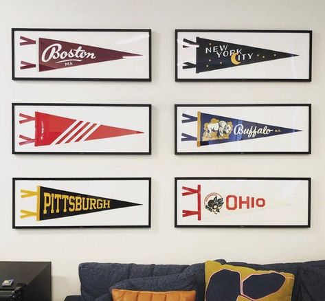 Add A Frame to Your Oxford Pennant #USA #madeinUSA #americanproduct #americanmade #oxfordpennant #buffalo #americandesign #vintage #homedecor #homedecorideas #walldecor #giftidea #inspirational #homegoods #pennant #feltpennant #interiordesign #americana #sports #traveling #schoolspirit #visualmerchandising #decoration #design #wallart #walldesign #bedroomdecor #officedecor #livingroomdecor #framed Pennant Display, Vintage Baseball Room, Vintage Sports Decor, College Pennants, Sports Room Boys, Oxford Pennant, Baseball Pennants, College Flags, Sports Wall Decor