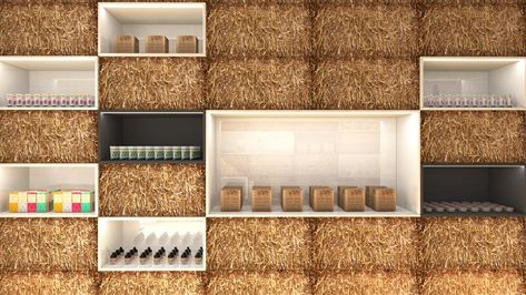 hornowski design fills cosmetics boutique with straw bales Deco Spa, Sustainable Interior Design, Straw Bales, Straw Bale, Krakow Poland, Cosmetic Shop, Retail Store Design, Retail Interior, Retail Space