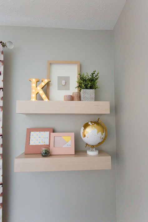 Floating shelves. Pink accessories. Teen girl's room. Fluff Interior Design - Decorating for REAL life! Omaha, NE. Teenage Shelf Decor, Teen Bedroom Floating Shelves, Floating Shelves Bedroom For Bags, Preppy Floating Shelves, White Floating Shelf Decor Bedroom, Floating Shelves Teen Girl Bedroom, Bedroom Wall Decor Above Bed Teen Girls Room Ideas, Cute Shelves For Bedroom, Cute Shelf Ideas Bedrooms