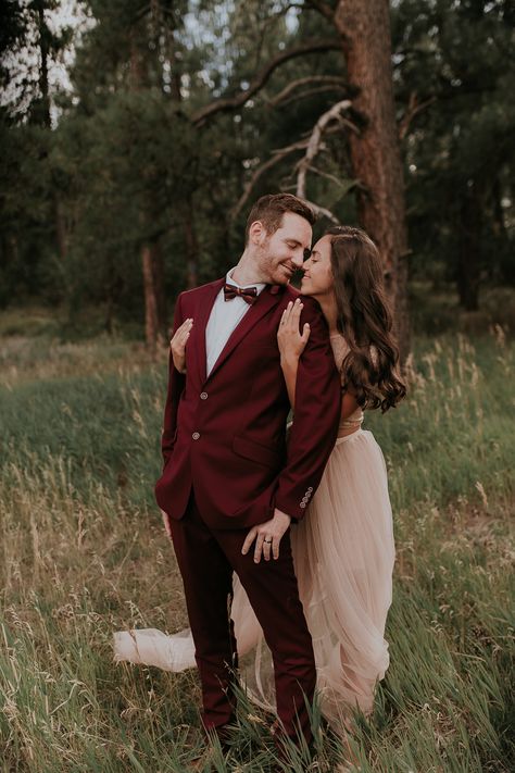 Burgundy Couples Outfit Wedding, Burgandy Suit Groom, Burgundy Groom, Burgundy Groom Suit, Soft Pink Dress, Burgundy Tuxedo, Maroon Suit, Blush Wedding Gown, Literary Wedding