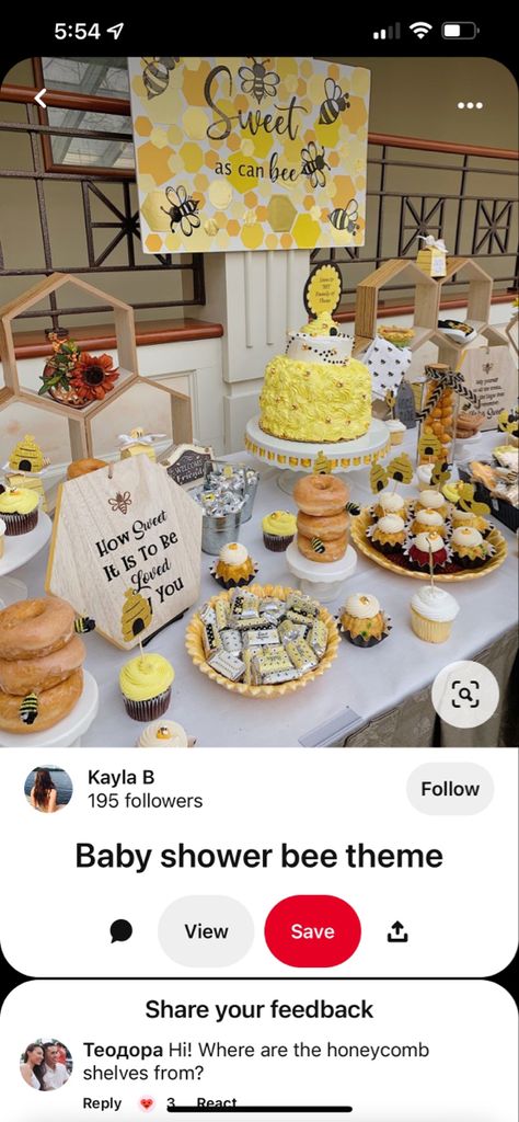 Sunflower And Bee Dessert Table, Bee Gender Reveal Centerpiece Ideas, Birds And Bees Baby Shower Ideas, Bee Dessert Table, Sweet As Can Bee Baby Shower Ideas, Bee Baby Shower Food, Bee Baby Shower Centerpieces, Gender Reveal Dessert Table, Gender Reveal Dessert