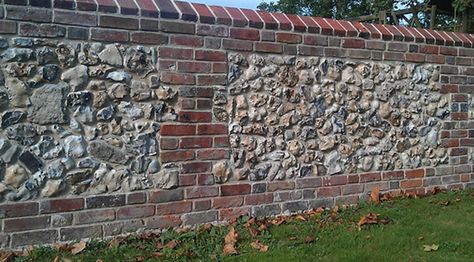 The Flint Wall Company | Flint work specialists | Sussex building conservation, traditional stone work Brick And Flint Garden Wall, Brick Fences, Flint Wall, Extension Exterior, Brick Wall Gardens, Kerala Architecture, Brick Columns, Fence Gate Design, House Wall Design