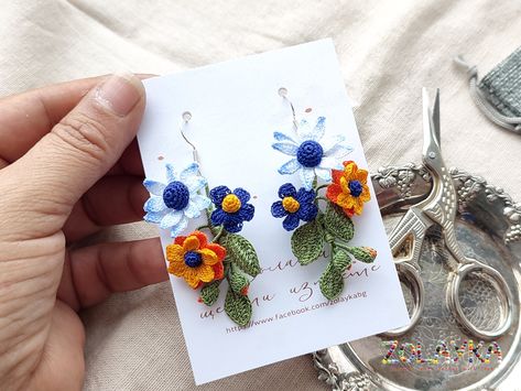 Blue Orange Micro Crochet Flowers Earrings, Handcrafted 925 Silver Dangles, Lightweight Miniature Bouquet Jewelry - Etsy UK Micro Crochet Flowers, Miniature Bouquet, Micro Crochet Earrings, Etsy Patterns, Bouquet Jewelry, Micro Crochet, Flowers Earrings, Flower Earrings, Crochet Flowers