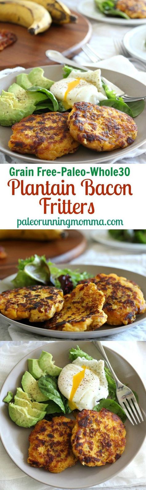 Plantain Bacon Fritters {Grain free, paleo, whole30} Bacon Fritters, Low Carb Veggie, Plantain Recipes, Paleo Recipes Breakfast, Whole 30 Breakfast, Paleo Lunch, Poached Egg, Recipe 30, Paleo Whole 30