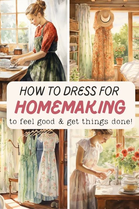 As a stay-at-home mom or homemaker, it’s easy to fall into the trap of wearing the same old sweatpants and t-shirt every day, especially when there’s no one to impress. However, have you ever considered the power of dressing for success in homemaking? How you dress can profoundly impact your mindset, energy, and productivity levels throughout the day. Stay At Home Mom Dresses, House Cleaning Outfit, Feminine Homemaker Outfits, Tradwives Outfits, Homemaking Aesthetic, Dress At Home, Happy Homemaking, Christian Homemaking, Grandma Core