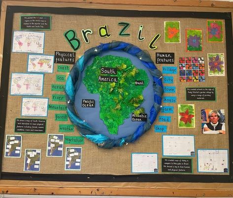 Mrs W on Instagram: "🌏 Topic working wall 🌏 My class are absolutely in love with this topic. They are constantly talking about the Amazon rainforest and the animals that live there. So far we’ve identified the oceans and continents of the world, labelled maps of South America, compared a town in Brazil to the town where we live and created Amazon flower artwork inspired by Andy Warhol 🤍 #topicworkingwall #workingwall #year1teacher #year2teacher #classroomdisplay #teachersofinstagram #teachers Oceans And Continents, Brazil Rainforest, Carnival Classroom, Rainforest Classroom, Continents Of The World, Teaching Displays, Brazil Map, Working Wall, America City