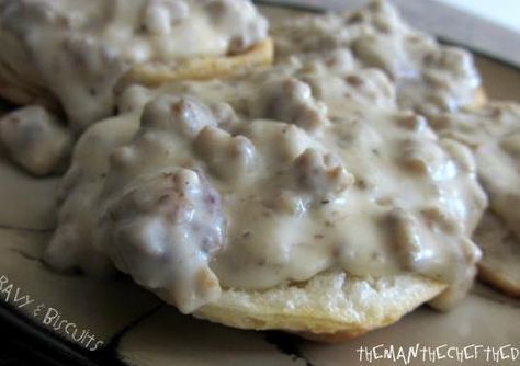 sausage gravy and biscuits from "The Man, The Chef, The Dad" Vegan Biscuits And Gravy, Gravy Biscuits, Gravy And Biscuits, Sausage Gravy And Biscuits, Fast Breakfast, Vegan Biscuits, Pillsbury Recipes, Breakfast Casseroles, Mood Food