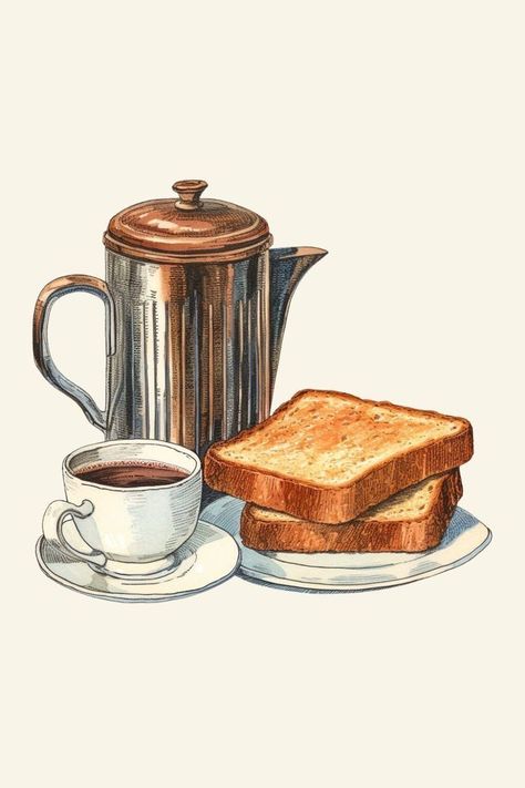 Coffee And Toast, One Bridesmaid, Affiches D'art Déco, Coffee Artwork, Food Sketch, Food Clipart, Food Illustration Art, Coffee Drawing, Watercolor Food