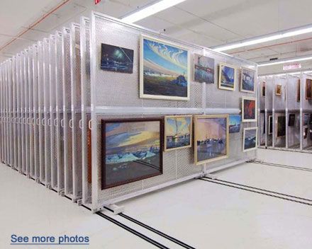 rolling artwork panels on tracks storing artifacts and framed art High Density Storage, Museum Storage, Compact Art, Mobile Shelving, Art Galleries Design, Paint Storage, Hanging Artwork, Mobile Art, Rack Storage