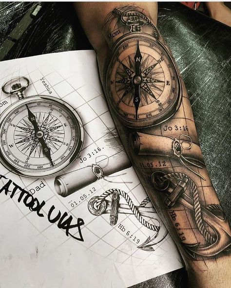 Foto 1 Nautical Tattoo Sleeve, Small Watercolor Tattoo, Tato Flash, Pirate Tattoo, Map Compass, Map Tattoos, Forearm Sleeve Tattoos, Nautical Tattoo, Cat Tattoos