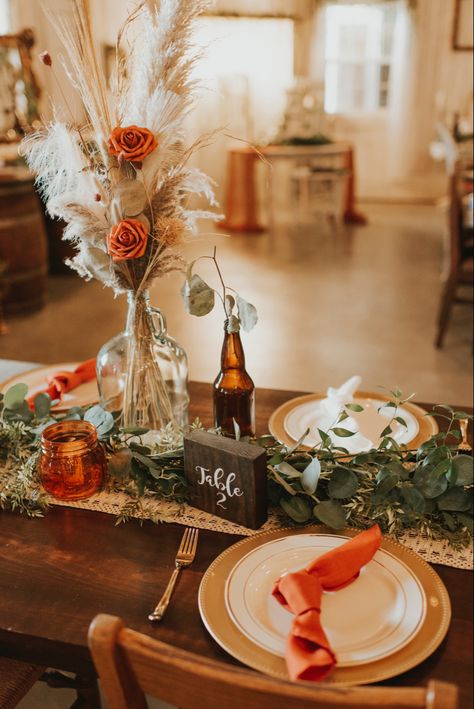 Spring Boho Wedding Reception, Bud Vases Wedding Centerpiece Rust, Long Table Boho Centerpieces, Modern Rust Wedding, Pompadour Centerpieces, Boho Terracotta Wedding Round Tables, Round Table Wedding Decor Terracotta, Terracotta Boho Centerpiece, Terracotta Boho Wedding Centerpieces