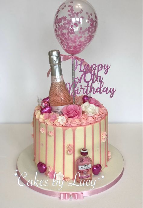 Pink drip with wine & gin 70th birthday 70 Birthday Cake Female, 70th Birthday Cake For Women, 70 Birthday Cake, Happy Birthday Bouquet, 70 Birthday, 70th Birthday Cake, Cake Pop Decorating, Happy 70 Birthday, Birthday Bouquet