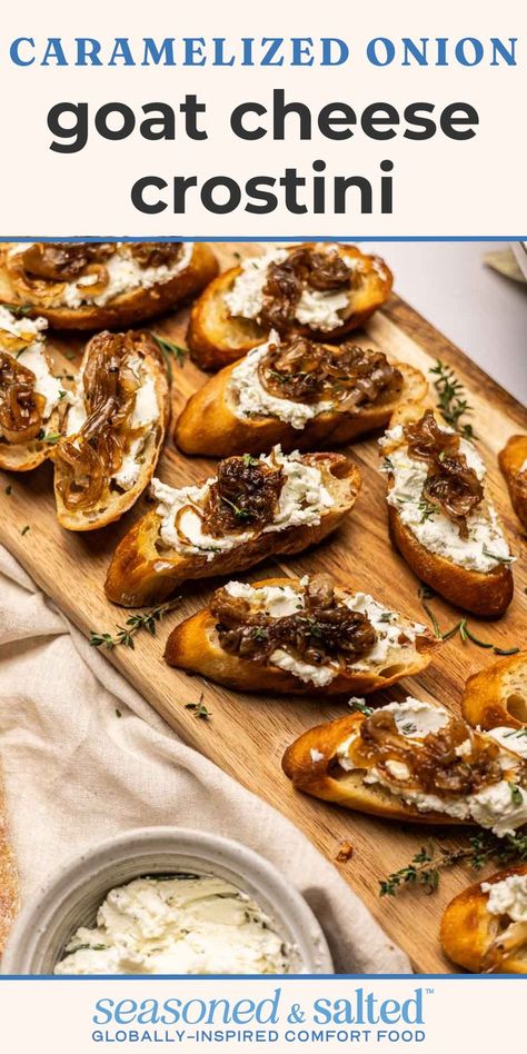 If you’re on the hunt for an easy holiday appetizer recipe, you’ve come to the right place! This caramelized onion crostini with goat cheese is a total crowd-pleaser, with creamy goat cheese, sweet caramelized onions, and fresh herbs. Perfect for Thanksgiving, the holiday season, or a warm summer evening, these crostini appetizers bring a little something special to the table! Cheese Crostini, Goat Cheese Crostini, Crostini Appetizers, Creamy Goat Cheese, Holiday Appetizer, Lemon Rosemary, Caramelized Onion, Holiday Appetizers, French Bread