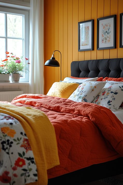 Embrace a vibrant and energetic aesthetic with these 20 red and yellow bedroom ideas.  Whether you prefer a modern and minimalist look or a vintage and eclectic feel, these color combinations will create a space that's both stylish and inviting.  Explore different shades and textures to find the perfect red and yellow bedroom aesthetic for your personal style. Orange And Gold Bedroom, Primary Color Bedroom, Red And Yellow Bedroom, Yellow Bedroom Aesthetic, Energetic Aesthetic, Red Bookshelf, Red Headboard, Yellow Bedroom Ideas, Red Pendant Light