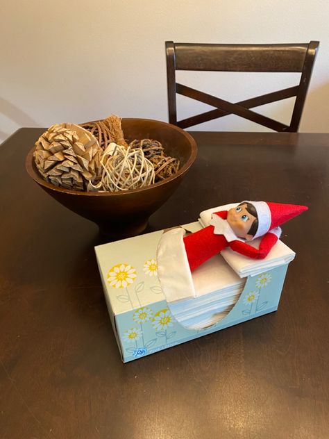 Elf sleeping in a Kleenex box Elf On The Shelf Kleenex Box Bed, Elf On The Shelf Tissue Box Bed, Elf Sleeping, Classroom Elf, Shelf Bed, Elf Shelf, Elf Fun, Kleenex Box, Elf Ideas