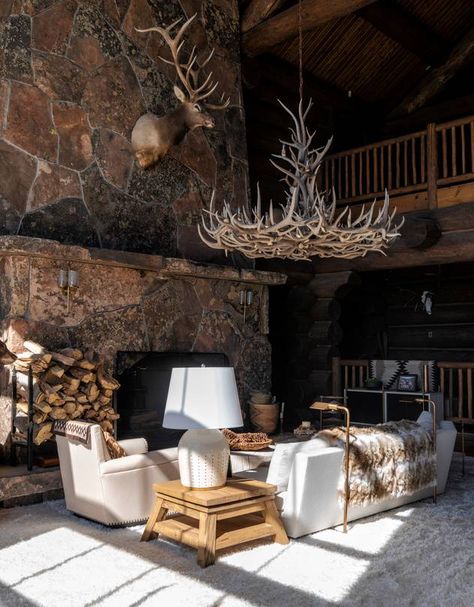 Cabin Fireplace, Colorado Ranch, Chalet Chic, Cabin Chic, Modern Cowboy, Chalet Interior, Ranch Decor, Guest Cabin, Country Interior