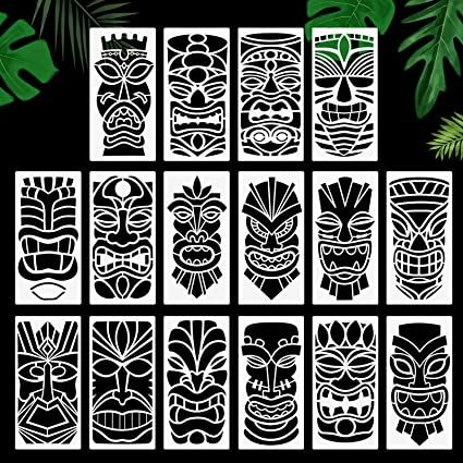 Tiki Pattern Design, Tiki Totem Diy, Tiki Boxes Diy, Tiki Faces Template, Tiki Stencil, Diy Tiki Decorations, Wood Carving Patterns Templates, Totem Tiki, Tiki Maske