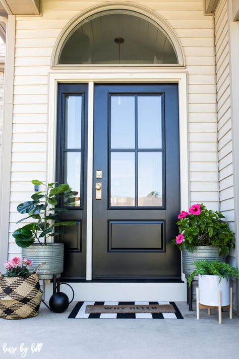 Therma Tru Four Pane Black Front Door and Sidelight Home Depot Doors, Black Exterior Doors, Holiday Dining Room, Black Front Door, Mudroom Makeover, Front Door Styles, Diy Mudroom Bench, Black Front Doors, Real Estat