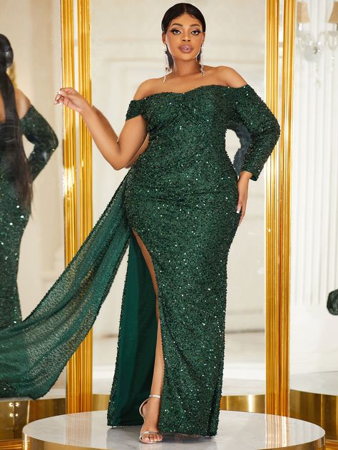 Dark Green Party Collar Long Sleeve Sequins Plain Fitted Embellished Slight Stretch  Plus Size Dresses Affordable Formal Dresses, Casual Wedding Dresses, Matric Dress, Thigh Belt, Sequin Formal Dress, Plus Size Formal Dresses, Casual Wedding Dress, Photoshoot Dress, Long Sleeve Sequin