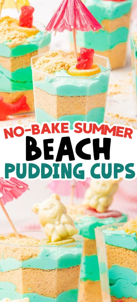 Beach Pudding Cups – These insanely cute and delicious Beach Bear Dessert Cups are the perfect summer dessert or snack! Pudding that is colored turquoise blue for the water topped with crumbled cookies and gummy and chocolate bears. Individual dessert cups, individual dessert, no-bake summer dessert, beach pudding, summer pudding, no-bake pudding, mini desserts, mini dessert cups. Summer Dessert Cups, Pool Themed Desserts, Beach Pudding Cups, Sand Dessert Recipe, Beach Dessert Ideas, No Bake Fruit Desserts, Pudding Cups Ideas Desserts, Beach Party Desserts, Pool Party Desserts