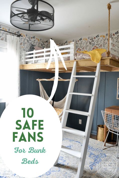 If you have bunk beds or a low ceiling height in a room, but need air circulation, these are 10 safe fans to put in your room that will be safe for your children. Bunk Bed Fan Ideas, Loft Bunk Beds For Boys Room, Built In Bunk Beds High Ceiling, Low Ceiling Bunk Bed Ideas, Bunk Room With Low Ceiling, Little Boys Bedroom With Bunk Beds, Bunk Beds For Low Ceilings, Adult Bunk Beds Low Ceiling, Bunk Beds Low Ceiling