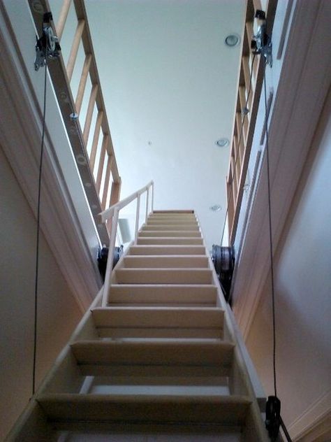 attic stairs pulley system - Google Search Pull Down Attic Stairs, Attic Stairs Pull Down, Pull Down Stairs, Hidden Stairs, Stairs Canopy, Garage Stairs, Cantilever Stairs, Attic Ideas, Attic Loft