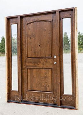 Knotty Alder Front Door, Rustic Wood Door, Knotty Alder Door, Wood Exterior Doors, Craftsman Style Exterior, Mahogany Exterior Doors, Knotty Alder Doors, Basement Door, Door With Sidelights