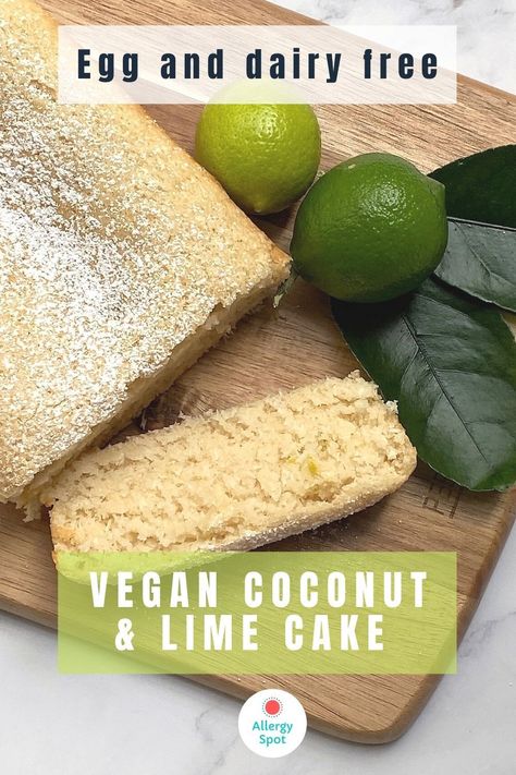 Delicious egg and dairy free coconut and lime cake. Allergy friendly (no milk, eggs. nuts, soy and can be made wheat and gluten free) and suitable for vegans. A quick and easy recipe (around 30 minutes). If there are any leftovers, this sweet egg and dairy free cake also freezes well. Coconut Lime Cake, Dairy Free Deserts, Sweet Egg, Weekend Food, Dairy Free Cake, Lime Cake, Lime Recipes, Tasty Dessert, Allergy Free Recipes