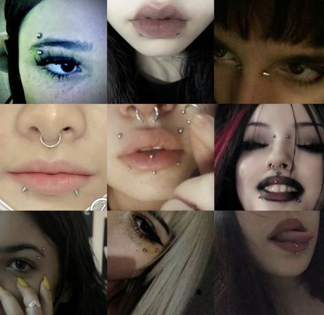 Piercing Setup Face, Aesthetic Piercings Face, Piercing Ideas Body, Piercings Chart, Grunge Piercings Face, Alt Piercings Face, Maximalist Piercings Face, Hippy Piercings Face, Alt Face Peircings